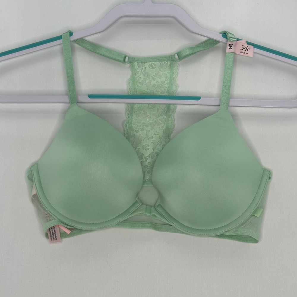 Victorias Secret 34C Mint‎ Green Push Up Lace Racerback Front Clasp Bra Cute NWT